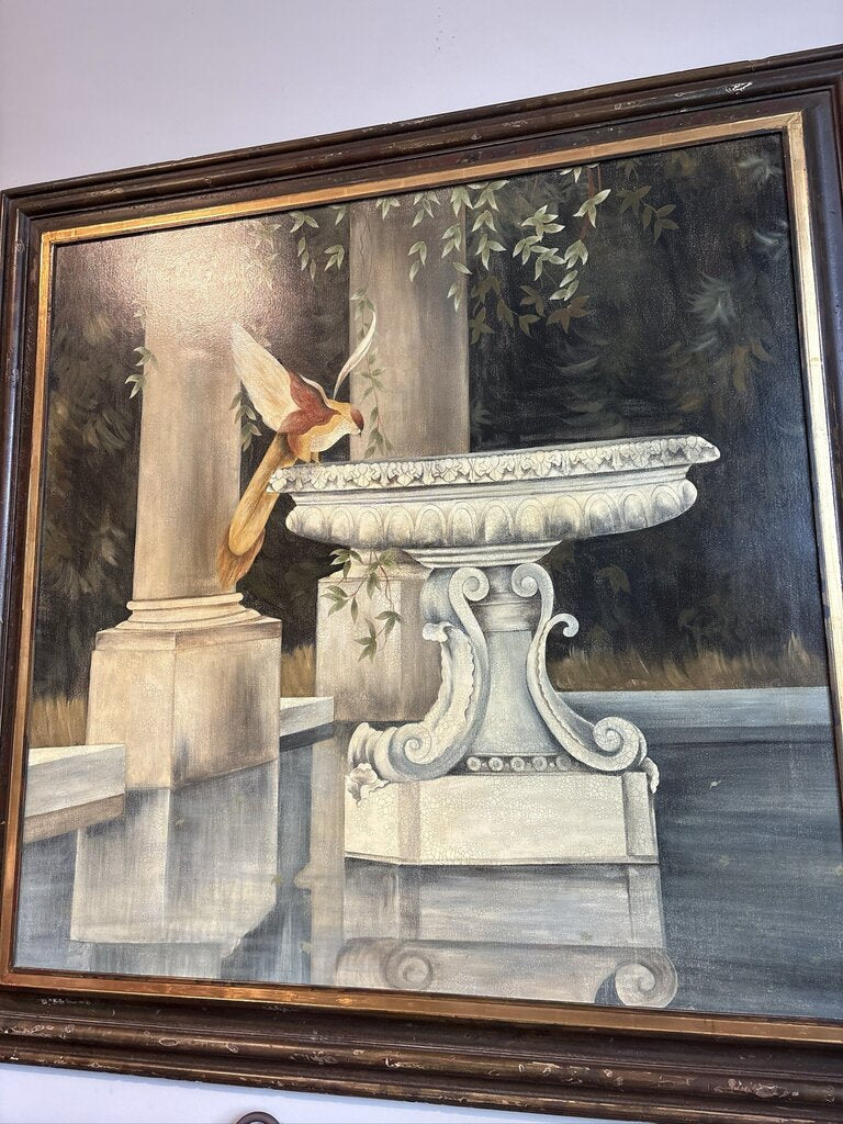 Vintage Garden Fountain Artwork W/ Distressed Frame-