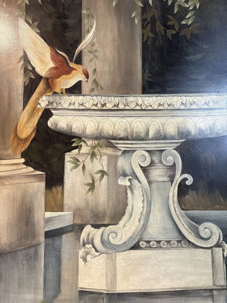 Vintage Garden Fountain Artwork W/ Distressed Frame-