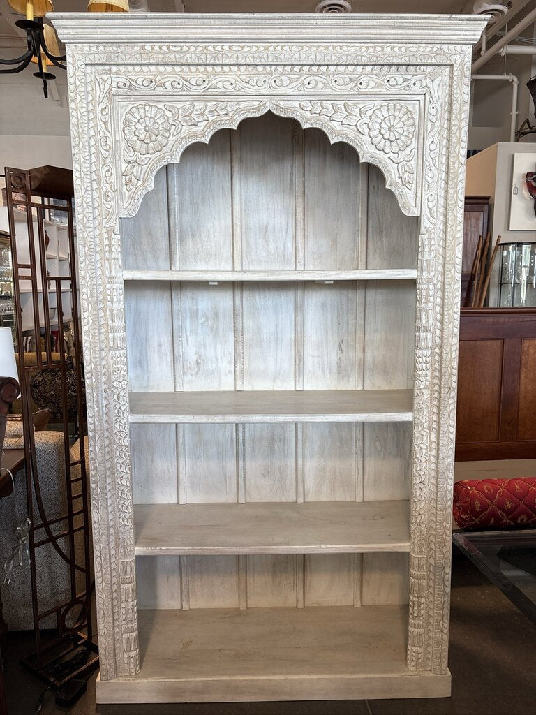 Hand Carved White Washed Bookcase W/ Arched Detail- 46X18X84H