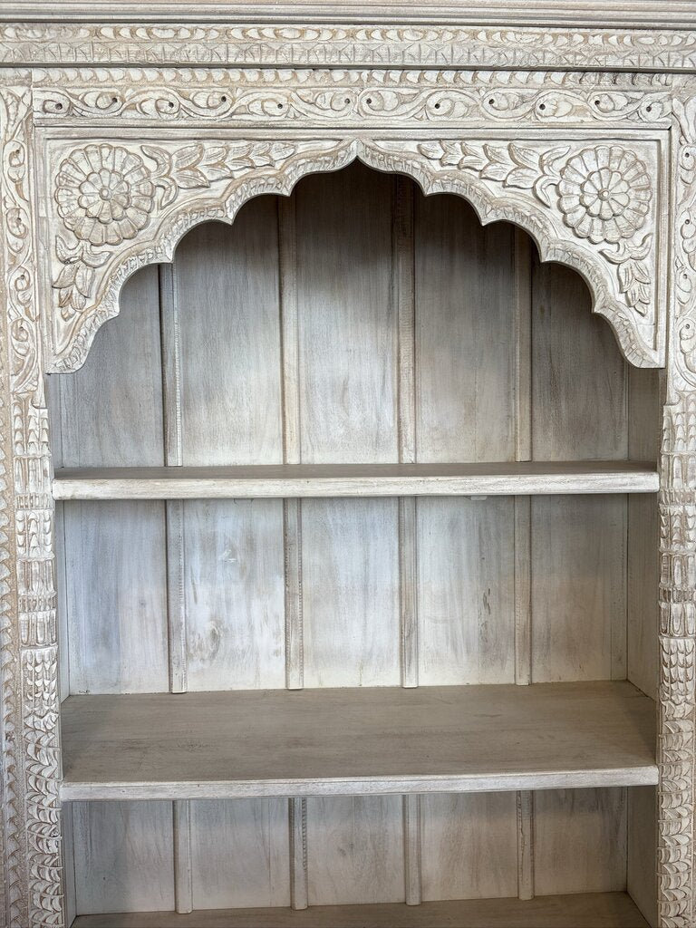 Hand Carved White Washed Bookcase W/ Arched Detail- 46X18X84H