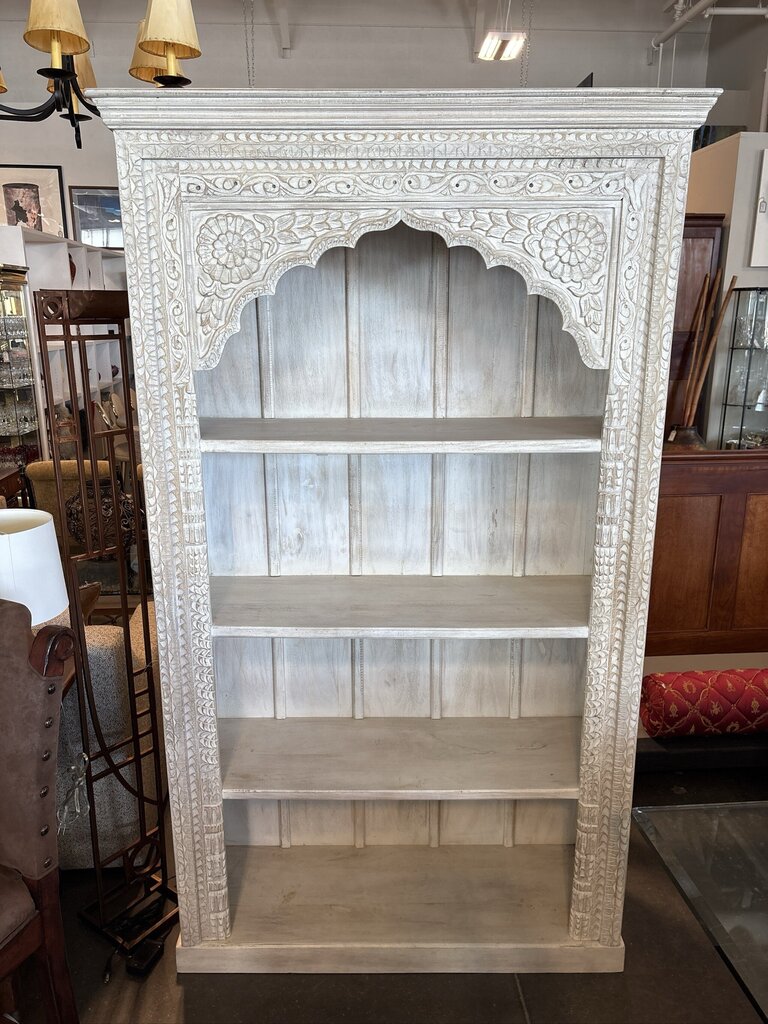 Hand Carved White Washed Bookcase W/ Arched Detail- 46X18X84H