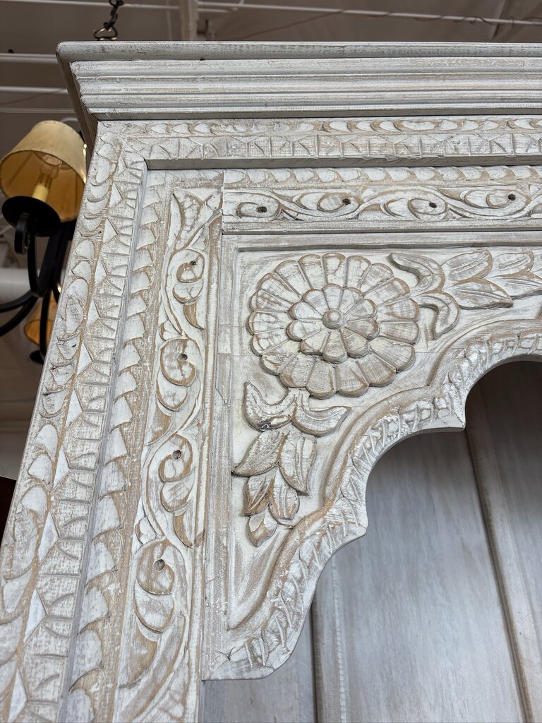 Hand Carved White Washed Bookcase W/ Arched Detail- 46X18X84H