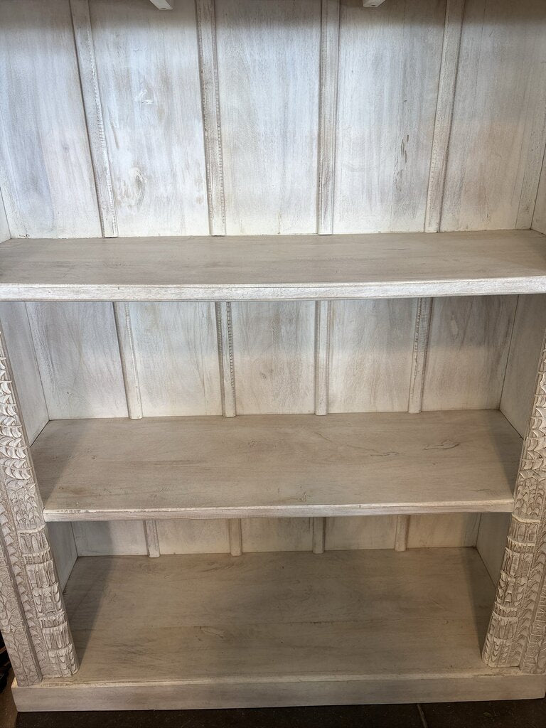 Hand Carved White Washed Bookcase W/ Arched Detail- 46X18X84H