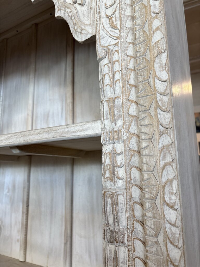 Hand Carved White Washed Bookcase W/ Arched Detail- 46X18X84H