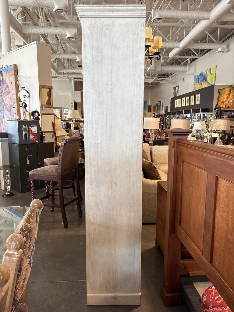 Hand Carved White Washed Bookcase W/ Arched Detail- 46X18X84H