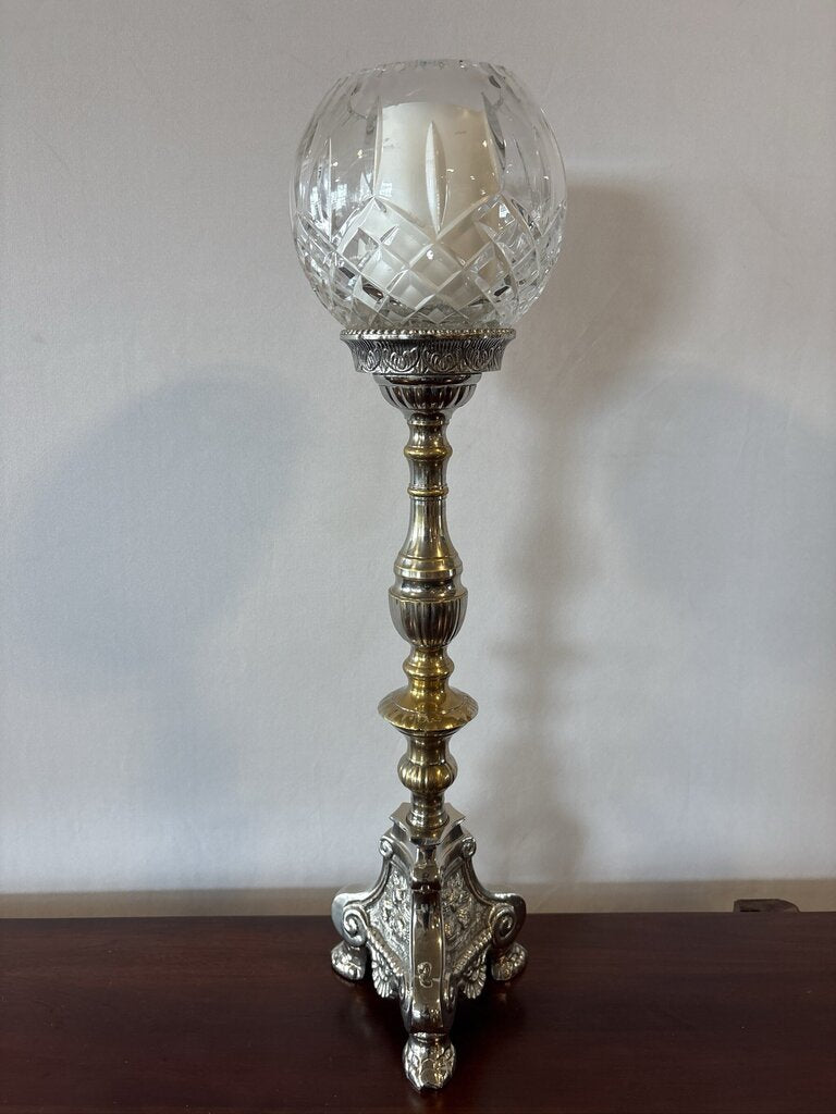 Castillian Imports Silver Plate Cut Crystal Candle Holder- 5X5X23H