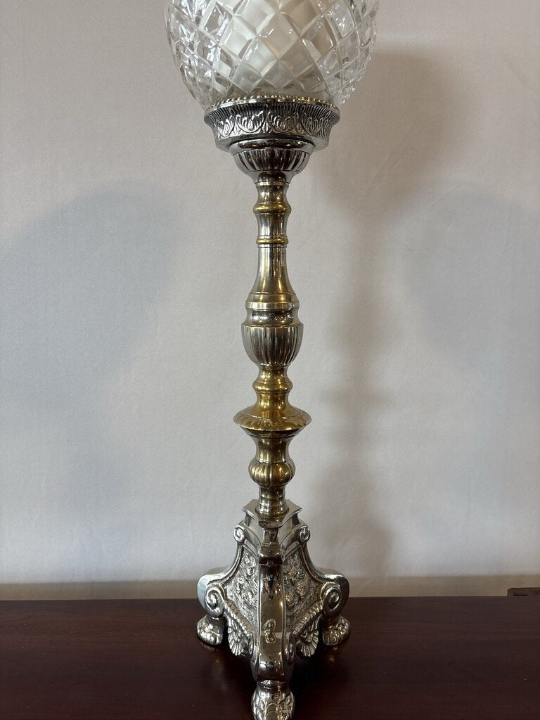 Castillian Imports Silver Plate Cut Crystal Candle Holder- 5X5X23H
