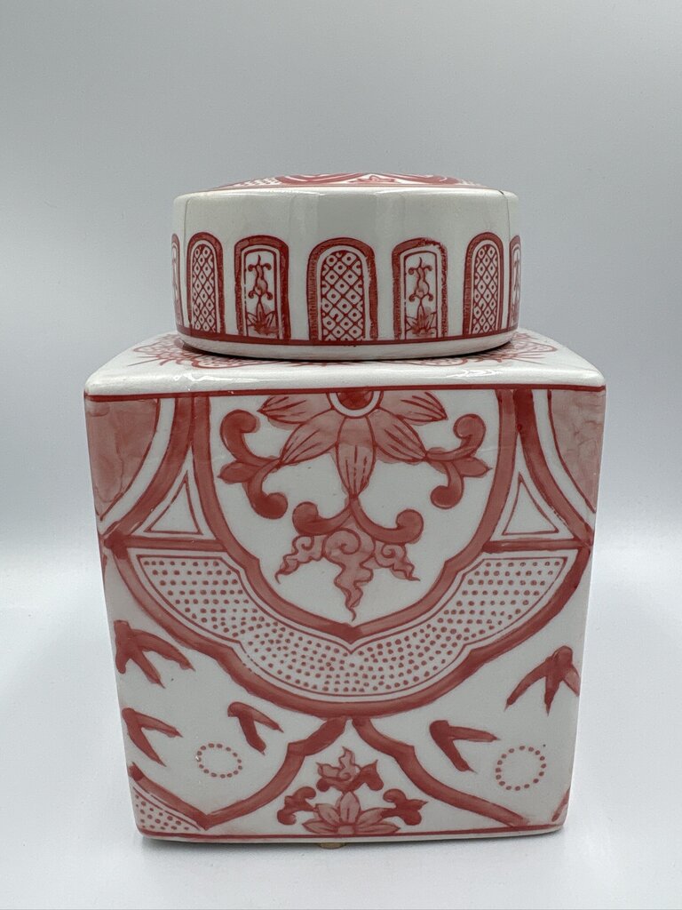 Orange & Cream Square Ginger Jar W/ Lid ||- 6.5X6.5X12H
