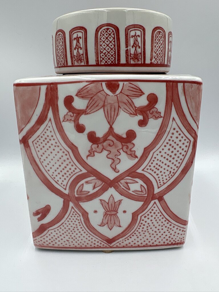Orange & Cream Square Ginger Jar W/ Lid ||- 6.5X6.5X12H