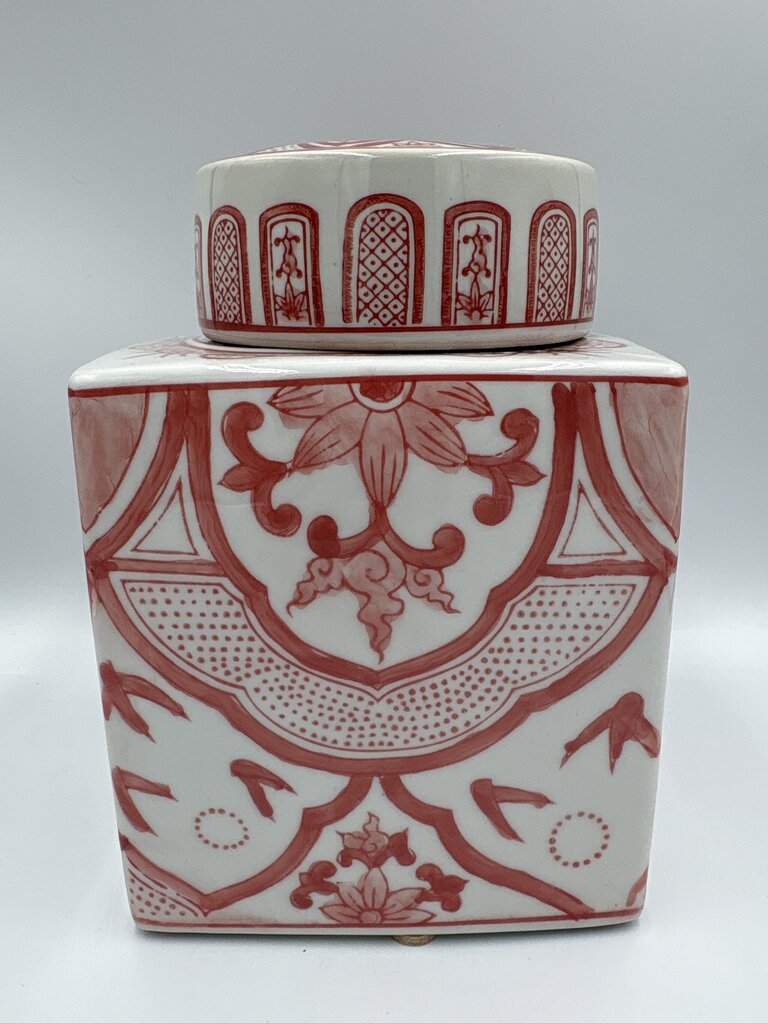 Orange & Cream Square Ginger Jar W/ Lid ||- 6.5X6.5X12H