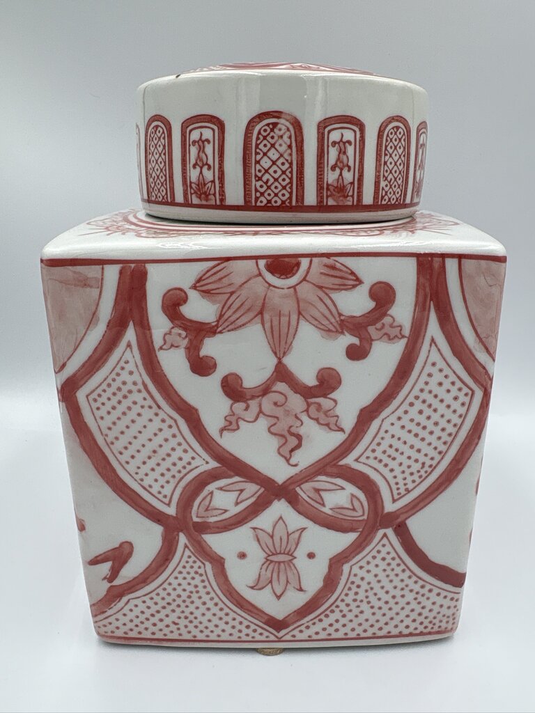 Orange & Cream Square Ginger Jar W/ Lid ||- 6.5X6.5X12H