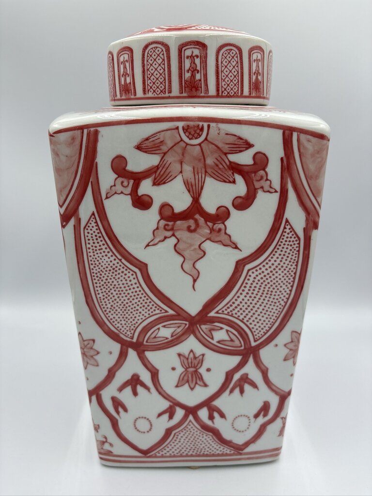 Orange & Cream Square Ginger Jar W/ Lid- 6.5X6.5X8.5H