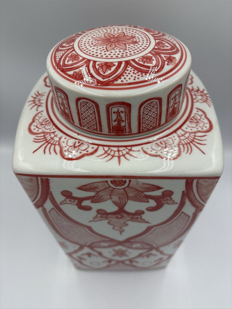 Orange & Cream Square Ginger Jar W/ Lid- 6.5X6.5X8.5H