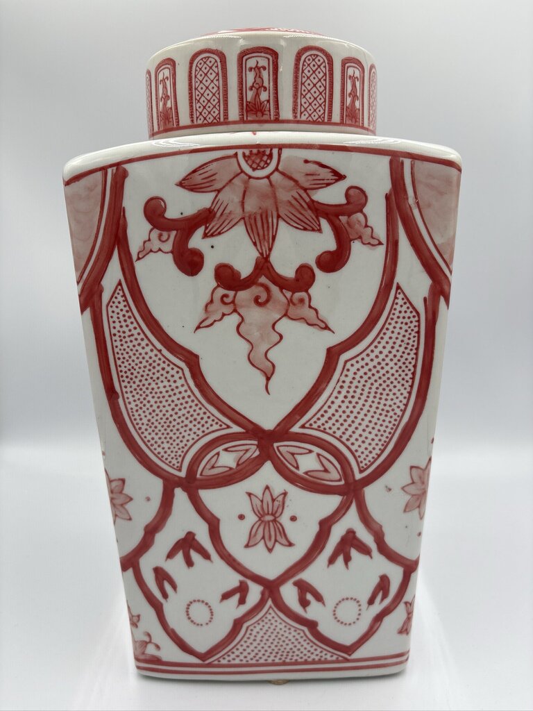 Orange & Cream Square Ginger Jar W/ Lid- 6.5X6.5X8.5H