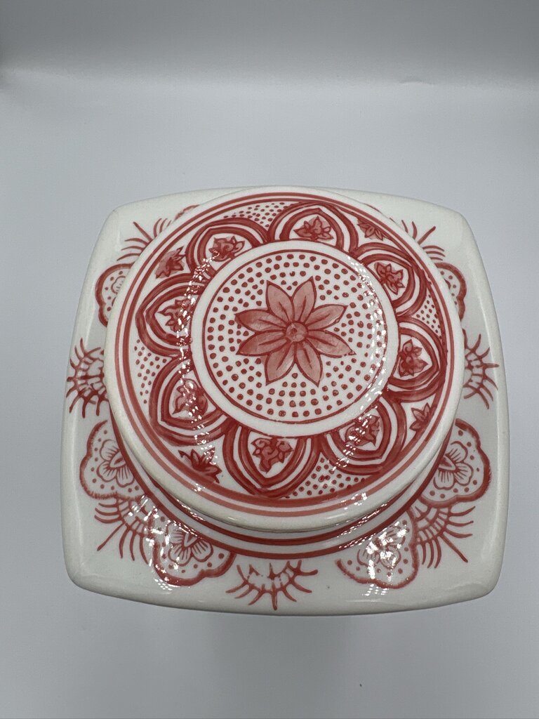 Orange & Cream Square Ginger Jar W/ Lid- 6.5X6.5X8.5H