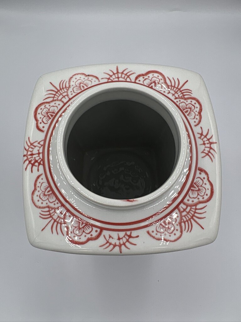 Orange & Cream Square Ginger Jar W/ Lid- 6.5X6.5X8.5H