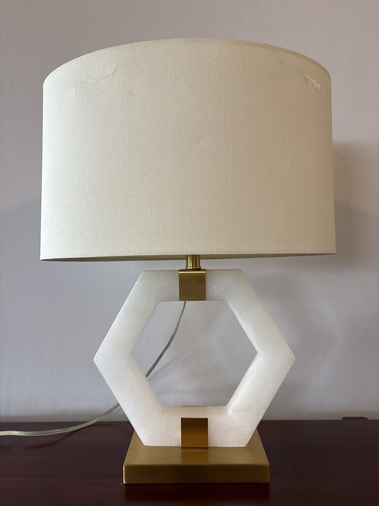Hexigon Marble & Brass Lamp W/ Oval Shade- 17X10X22- AS IS