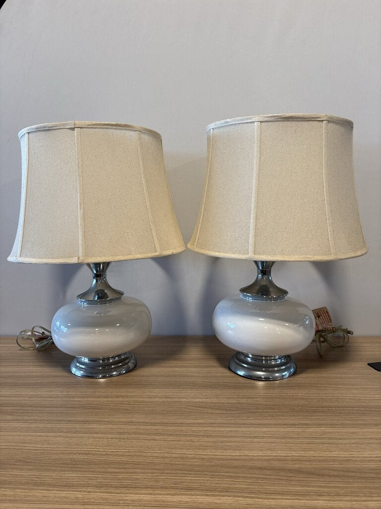 Vintage White Glass & Chrome Lamps- 18x18X24= Pair