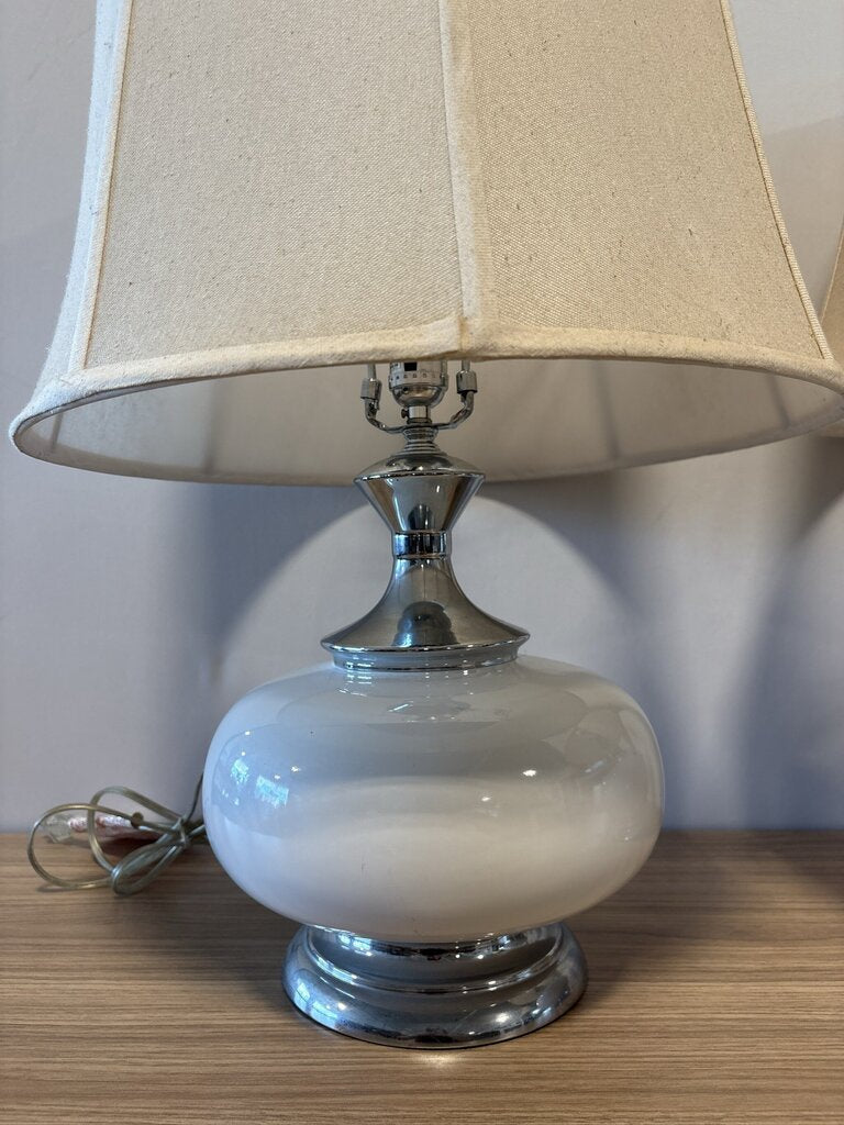 Vintage White Glass & Chrome Lamps- 18x18X24= Pair