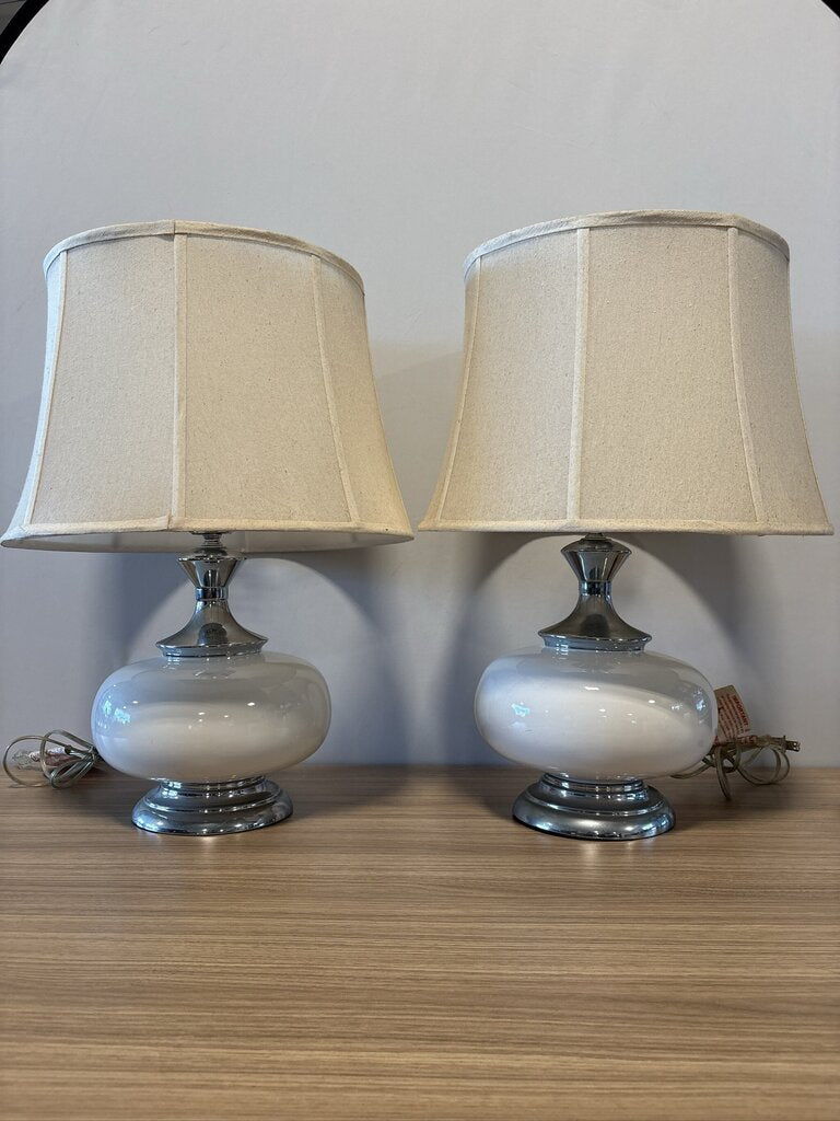 Vintage White Glass & Chrome Lamps- 18x18X24= Pair