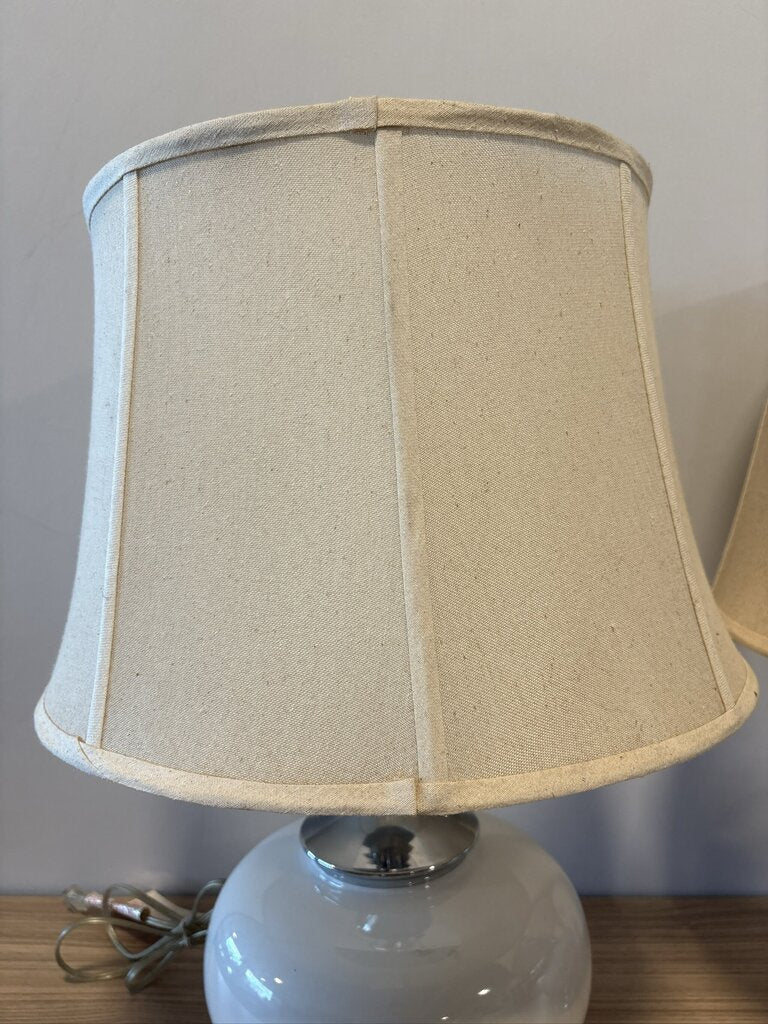 Vintage White Glass & Chrome Lamps- 18x18X24= Pair