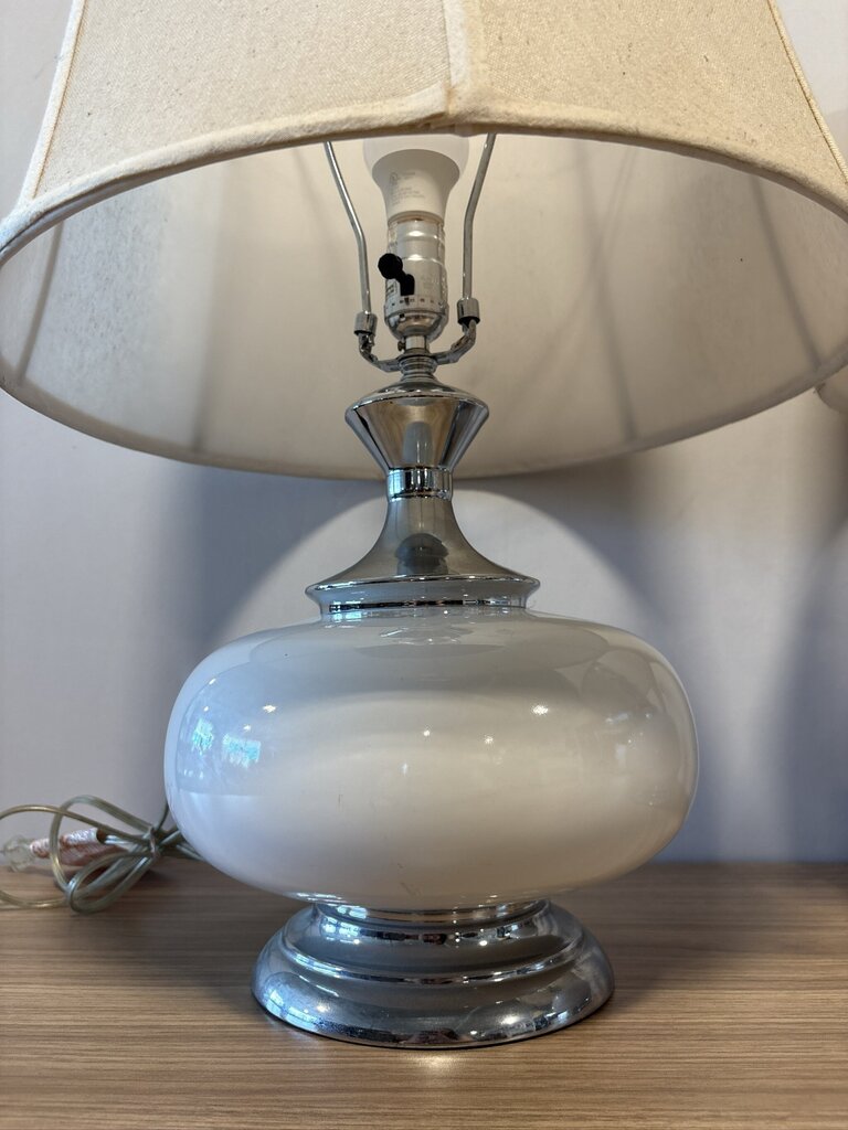 Vintage White Glass & Chrome Lamps- 18x18X24= Pair