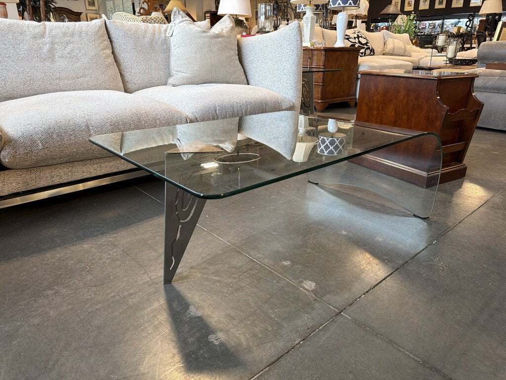 Glass Waterfall Coffee Table W/ Metal Decorative Leg- 44X26X15
