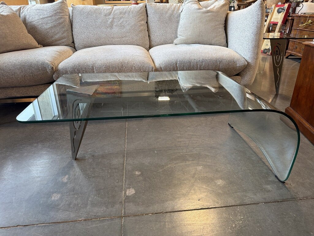 Glass Waterfall Coffee Table W/ Metal Decorative Leg- 44X26X15