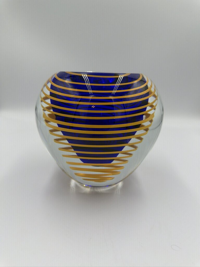 Stanislav Libensky for Beranek Czech Art Glass Globe Vase Blue Yellow Spiral Signed c1995-6X6X5.5