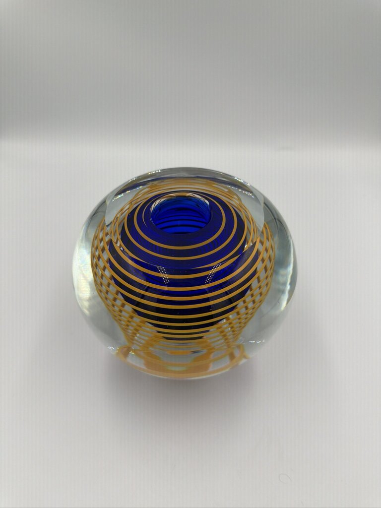 Stanislav Libensky for Beranek Czech Art Glass Globe Vase Blue Yellow Spiral Signed c1995-6X6X5.5