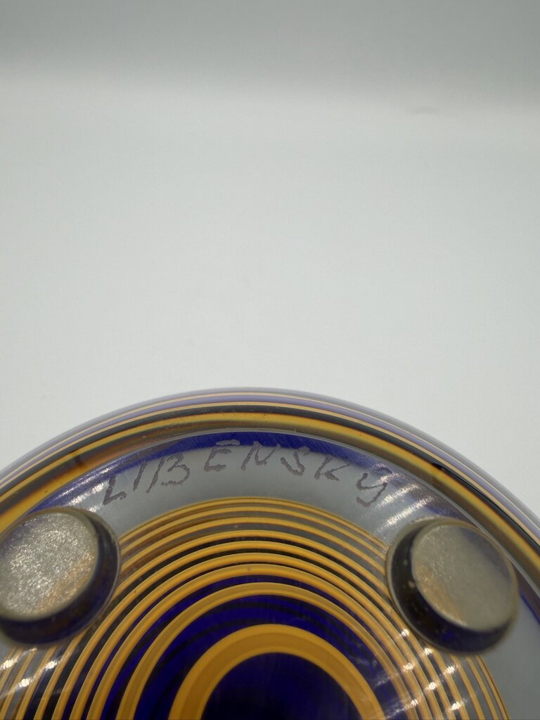 Stanislav Libensky for Beranek Czech Art Glass Globe Vase Blue Yellow Spiral Signed c1995-6X6X5.5