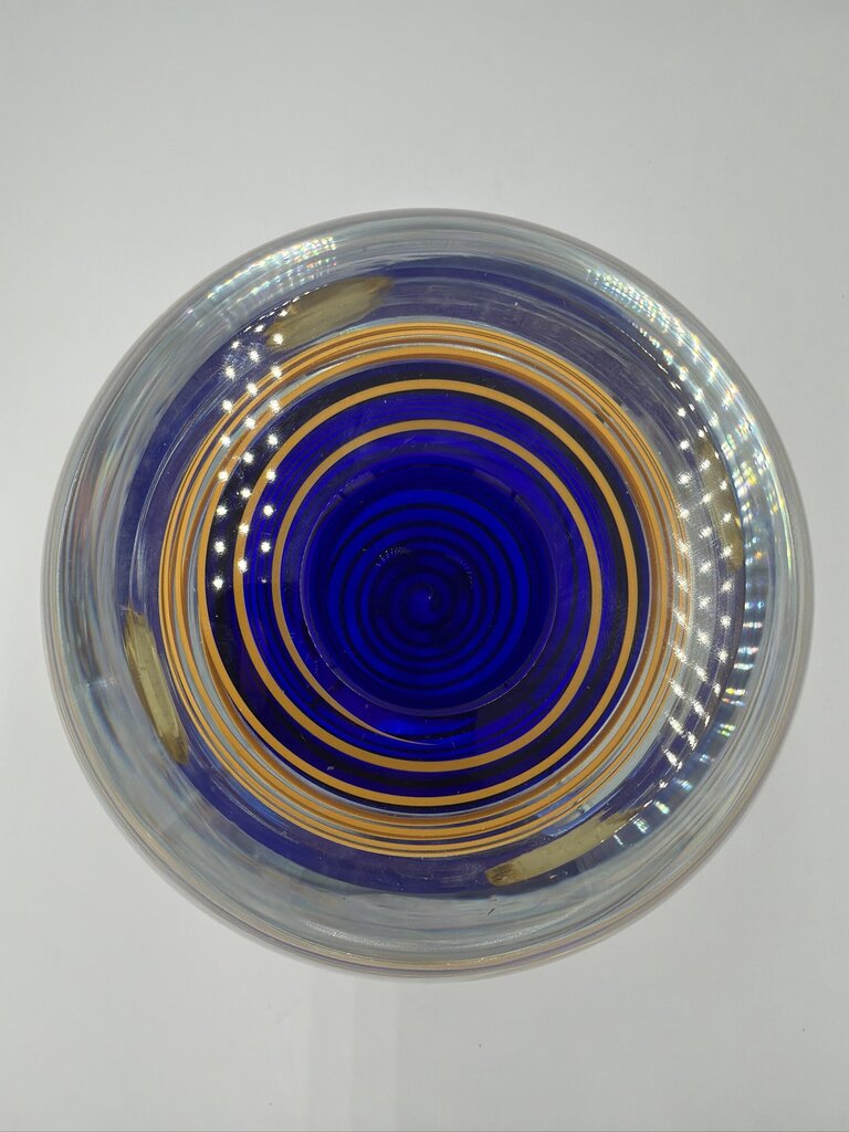 Stanislav Libensky for Beranek Czech Art Glass Globe Vase Blue Yellow Spiral Signed c1995-6X6X5.5