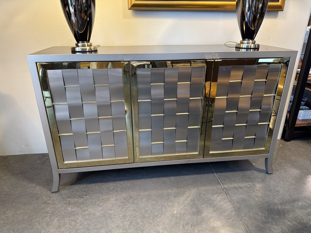 Woven Gold & Stainless 3 Door Cabinet W/ Black Glass Top- 20X60X36H