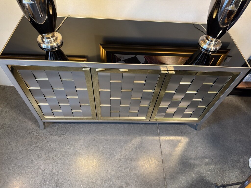 Woven Gold & Stainless 3 Door Cabinet W/ Black Glass Top- 20X60X36H