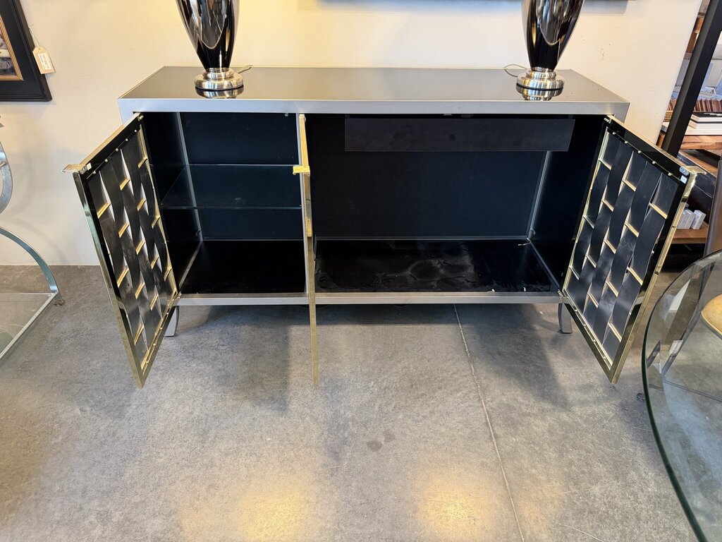 Woven Gold & Stainless 3 Door Cabinet W/ Black Glass Top- 20X60X36H