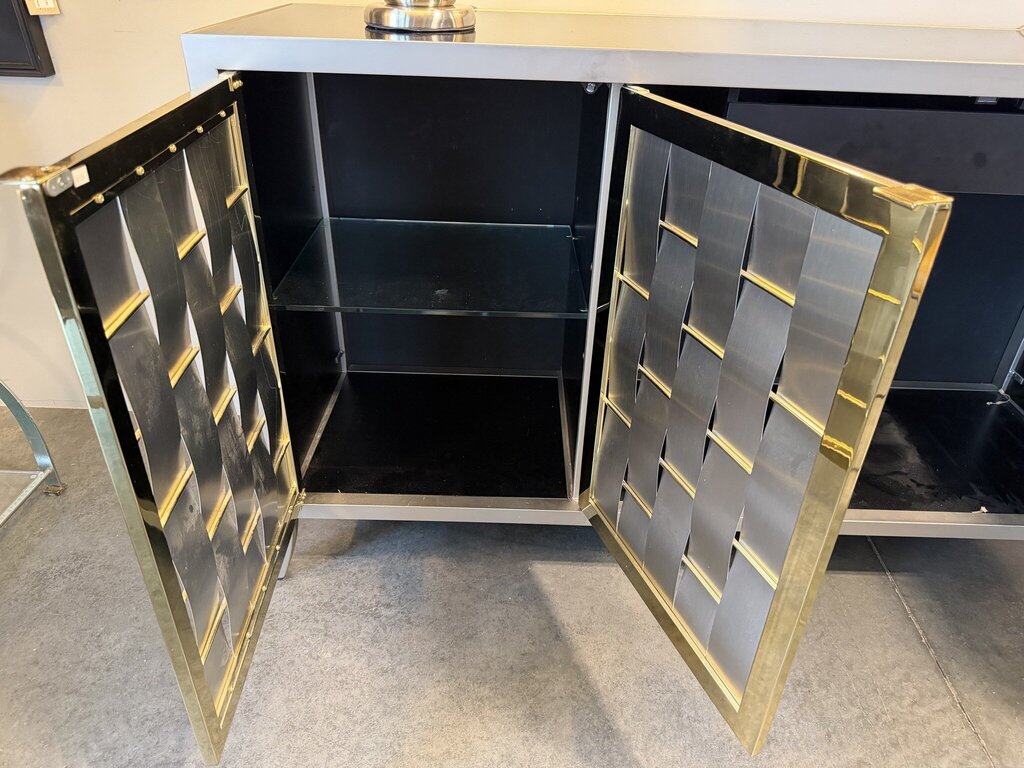 Woven Gold & Stainless 3 Door Cabinet W/ Black Glass Top- 20X60X36H