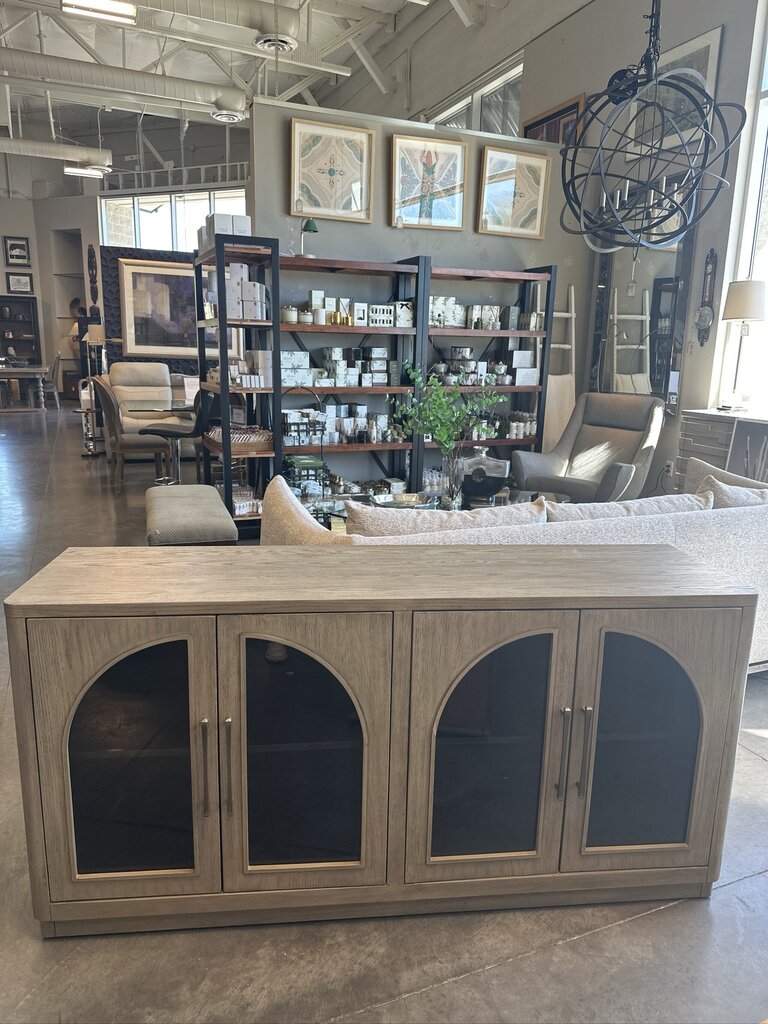 Rilian Light Gray Oak & Glass Arched Door Console- 66X18X33