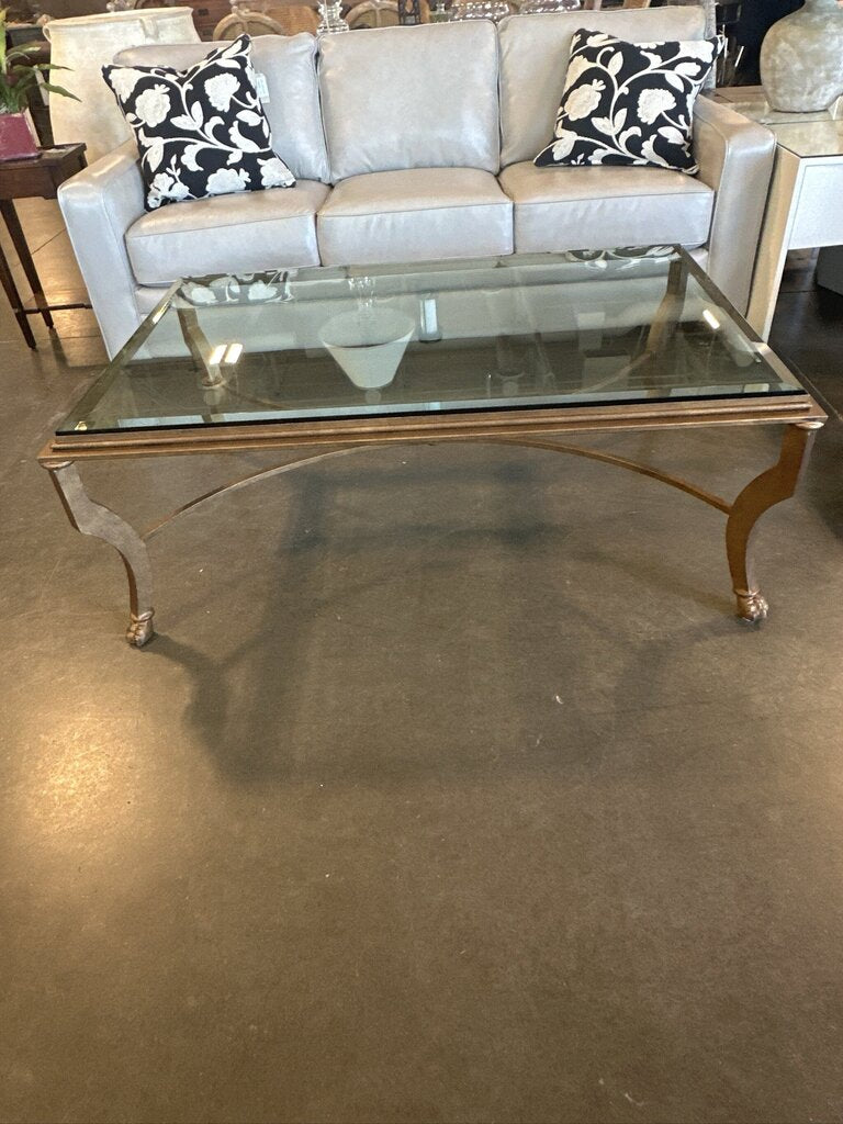 Gold Iron Coffee Table W/ Glass Top- 36X54X21