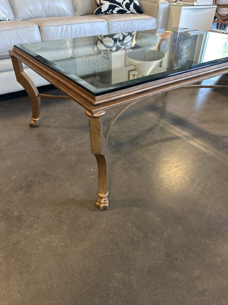 Gold Iron Coffee Table W/ Glass Top- 36X54X21
