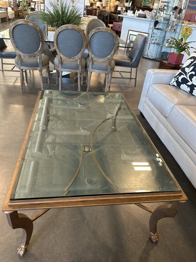 Gold Iron Coffee Table W/ Glass Top- 36X54X21