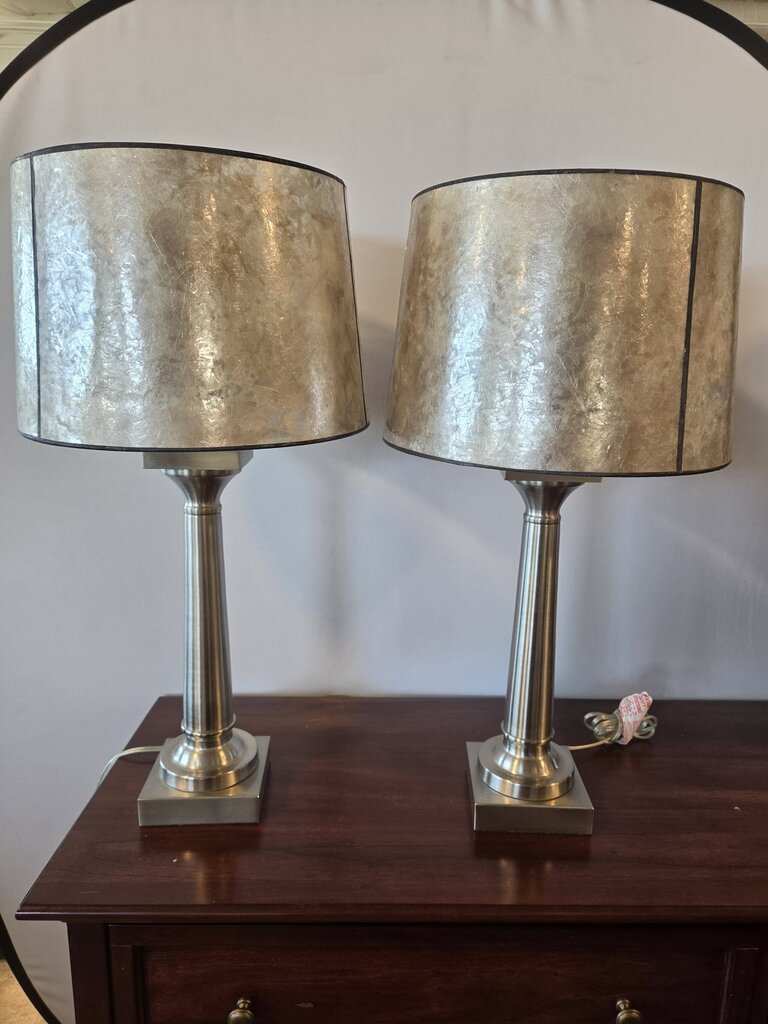 Brushed Stainless Lamps W/ Mica Shades- Pair-15X15X29H