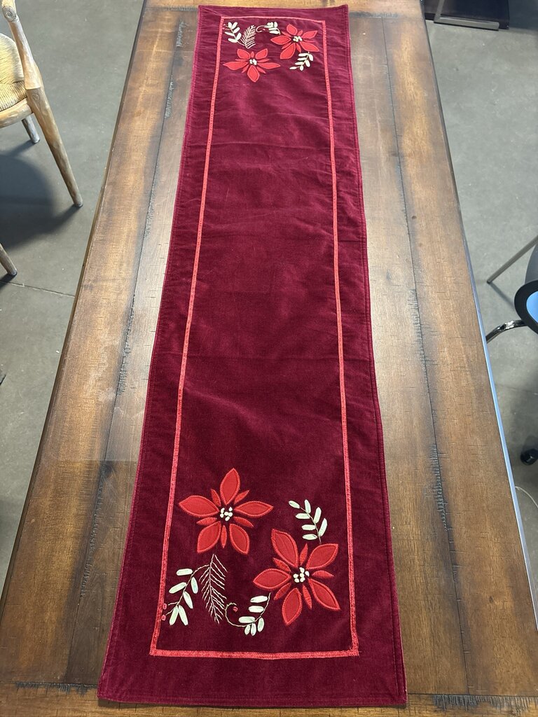 Red Velvet Christmas Table Runner W/ Poinsettias - 13.5X53H