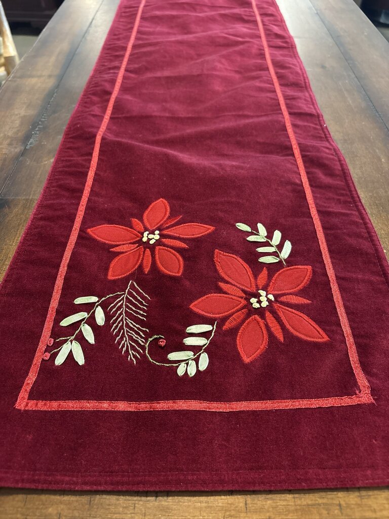 Red Velvet Christmas Table Runner W/ Poinsettias - 13.5X53H