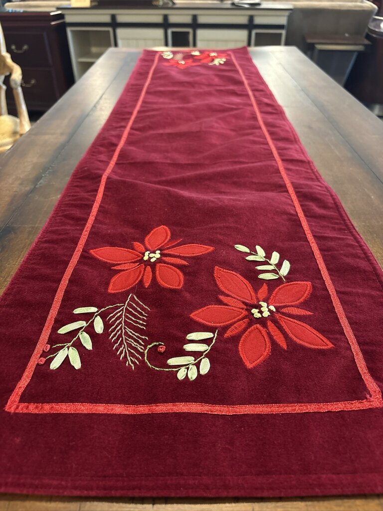 Red Velvet Christmas Table Runner W/ Poinsettias - 13.5X53H
