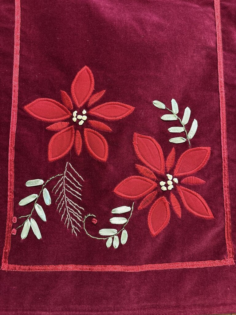 Red Velvet Christmas Table Runner W/ Poinsettias - 13.5X53H