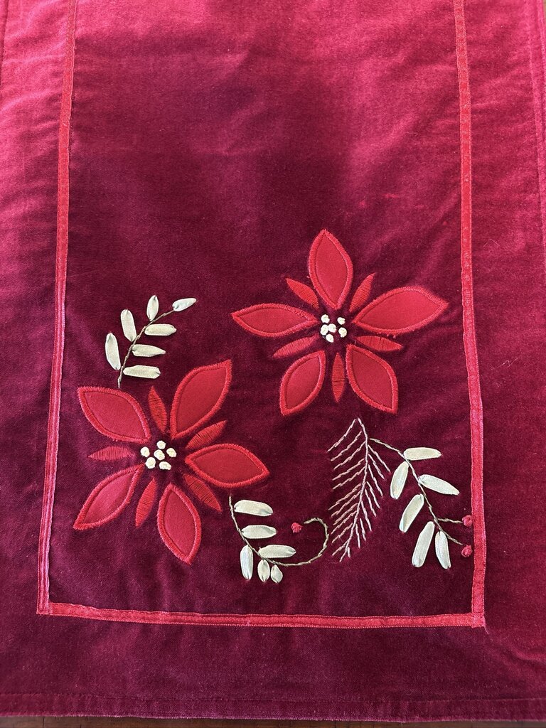 Red Velvet Christmas Table Runner W/ Poinsettias - 13.5X53H