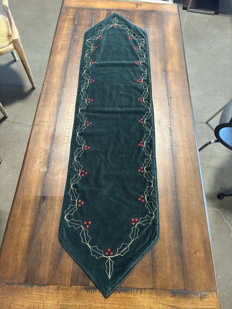 Velvet Green Christmas Table Runner W/ Holly- 12.5X52H
