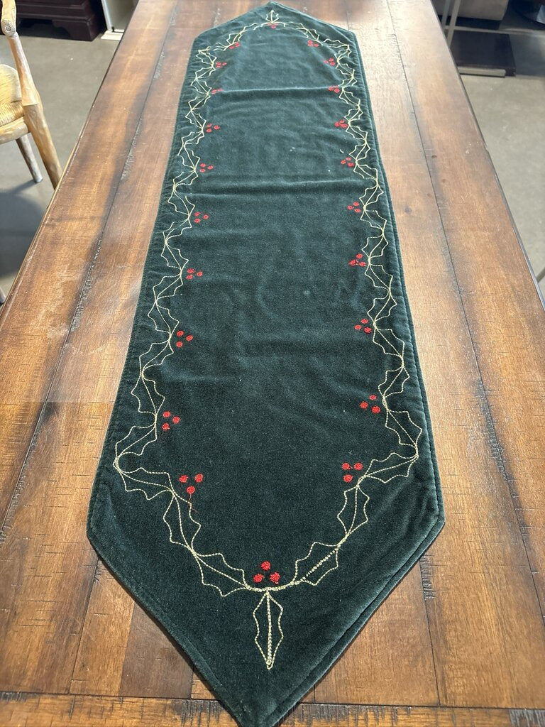 Velvet Green Christmas Table Runner W/ Holly- 12.5X52H