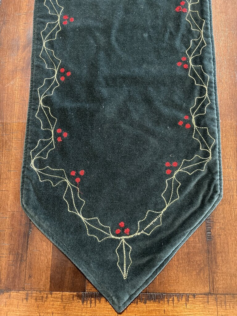 Velvet Green Christmas Table Runner W/ Holly- 12.5X52H
