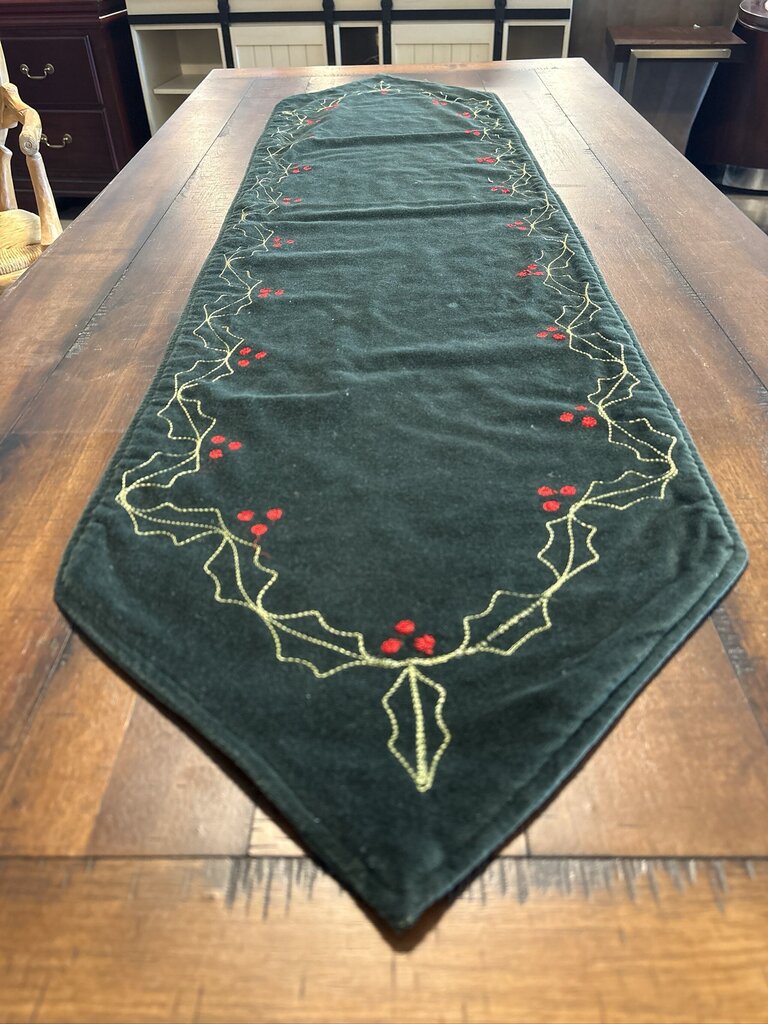 Velvet Green Christmas Table Runner W/ Holly- 12.5X52H